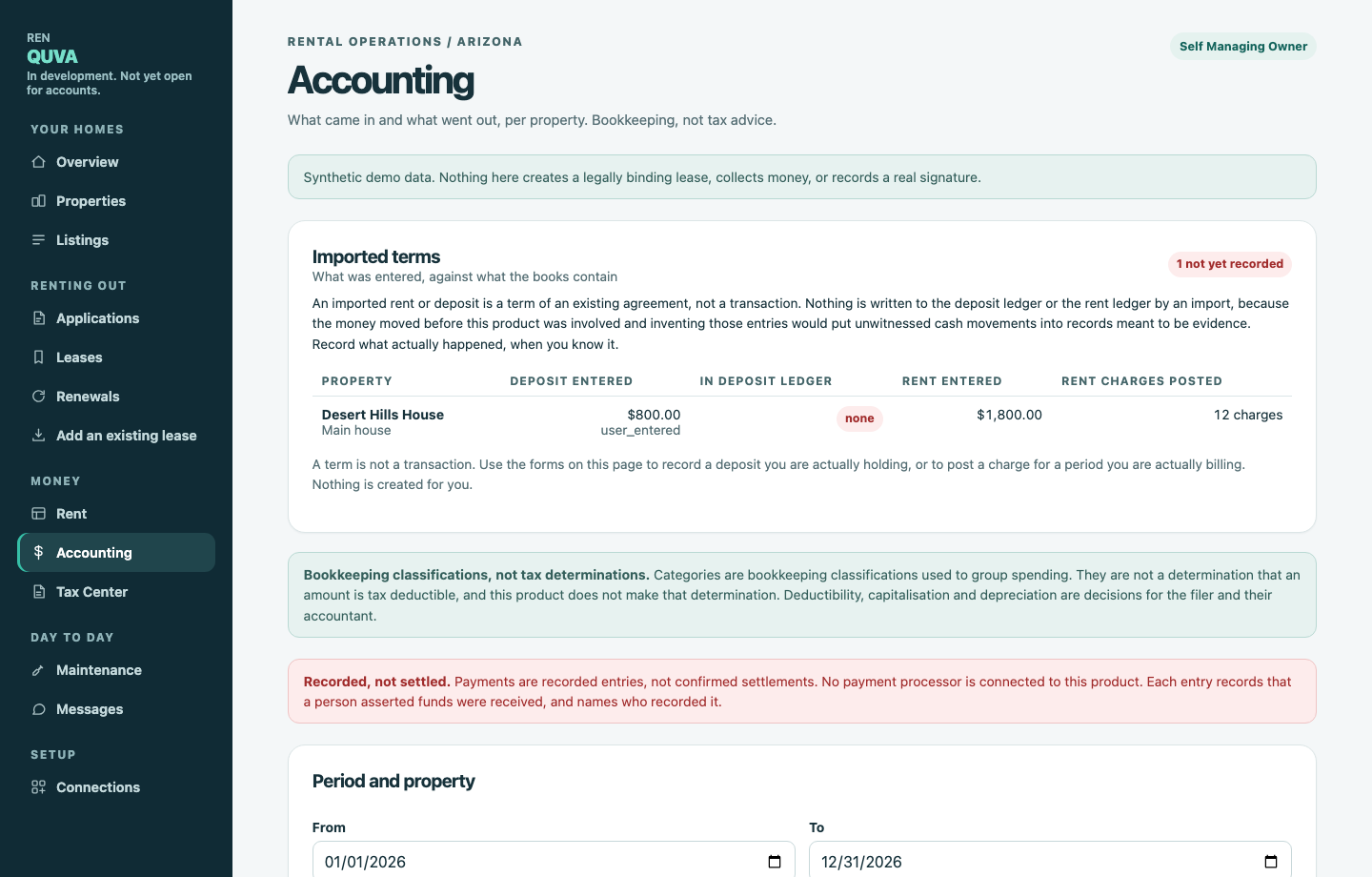 The accounting screen: rent billed and received per property, a dated transaction
          ledger, and forms for recording an expense, a charge and a payment.