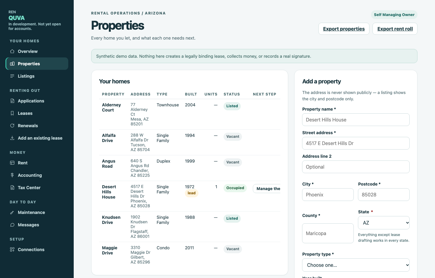 The properties screen: a table of six properties with address, type, year built,
          units and occupancy status, beside a form for adding another.